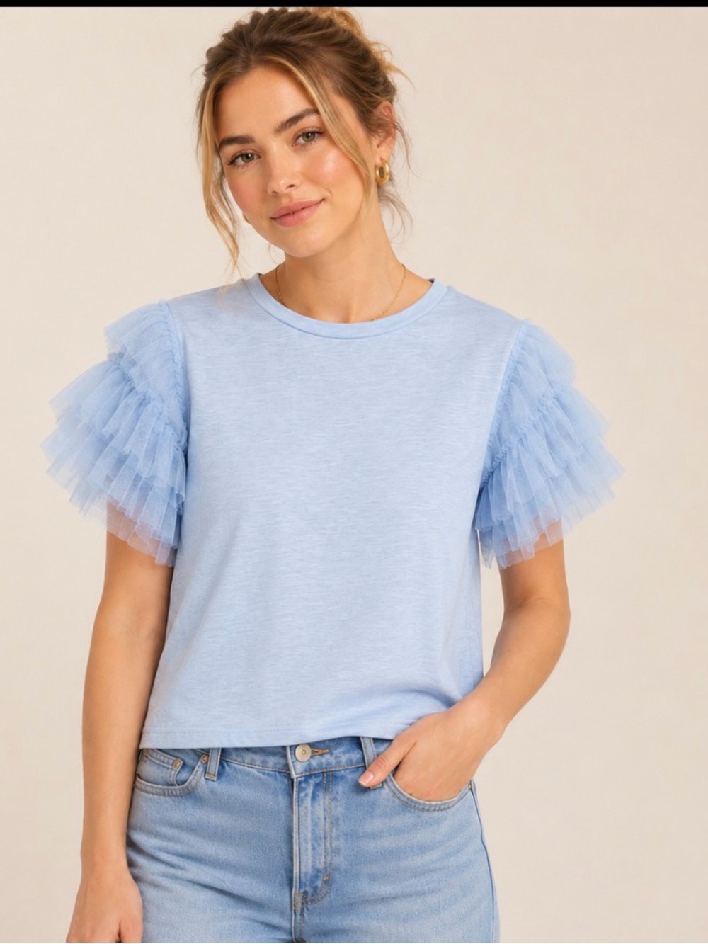 Anthropologie / Lea & Viola Pale Blue Tee with Layered Tulle Sleeves. Size XS